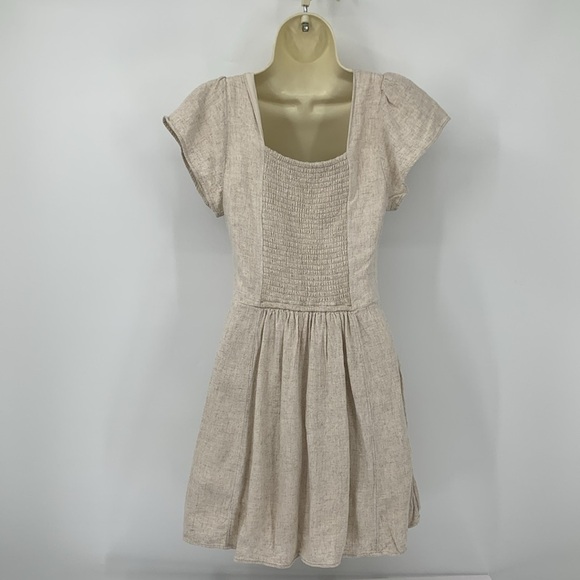 Abercrombie & Fitch twist front linen blend shift mini dress tan fit flare Small - Picture 4 of 5